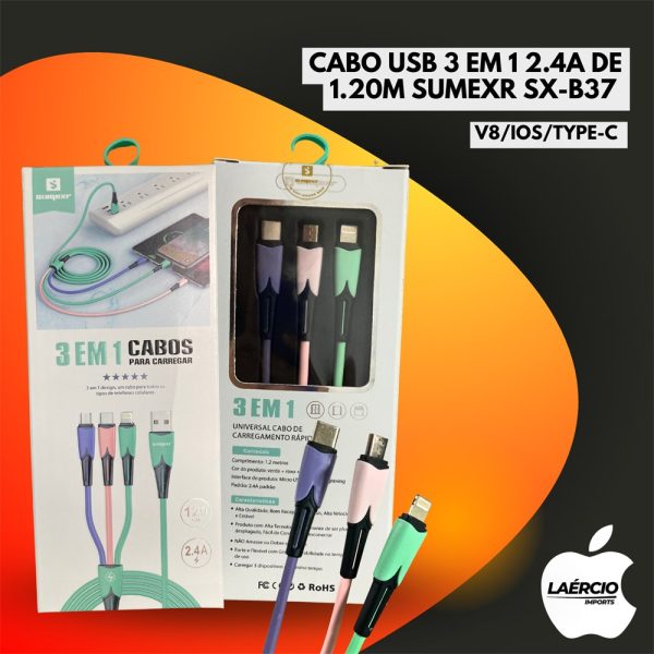 CABO USB 3 EM 1 2.4A DE 1.20M SUMEXR SX-B37